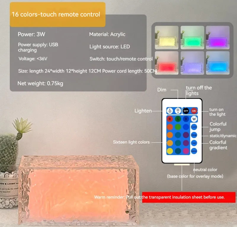 Clear acrylic geometric ice cube shaped night lamp glowing with multi-coloured LED light on a dark surface.