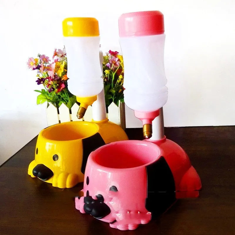 Adjustable rod lifting pet drinking bowl in blue plastic showing height mechanism.