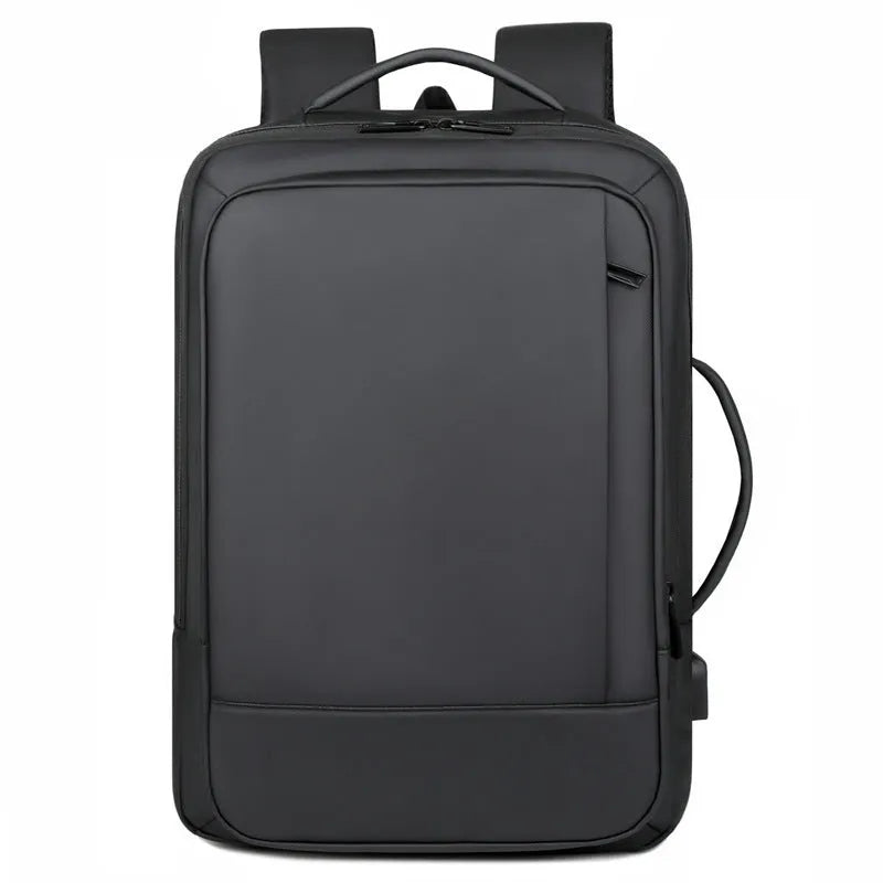 Black Oxford cloth waterproof backpack with curved shoulder strap, shown with a laptop compartment open.