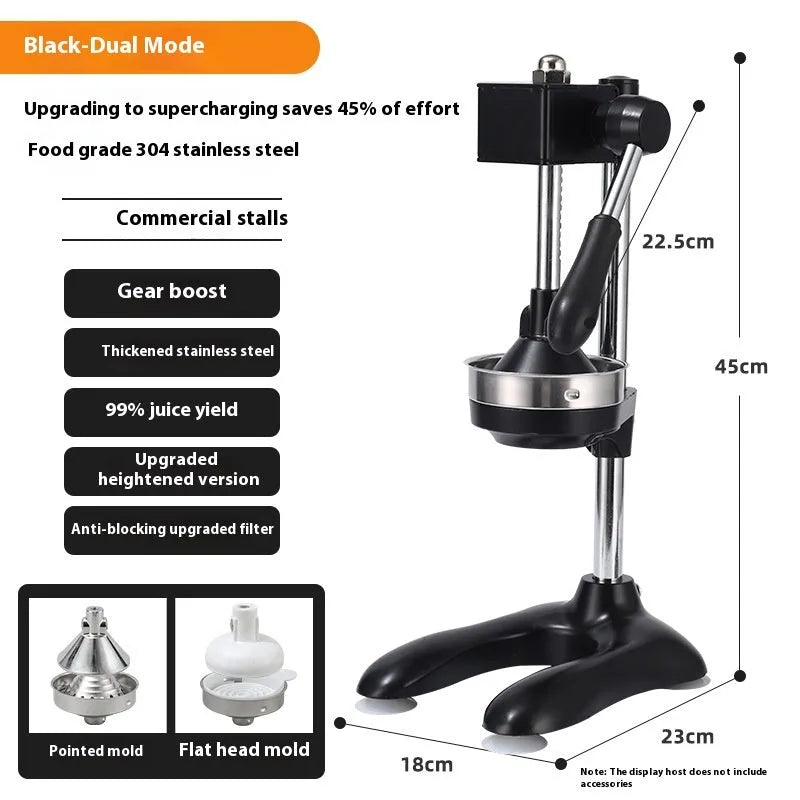 Vertical stainless steel manual juicer showing colour options and tip style variations