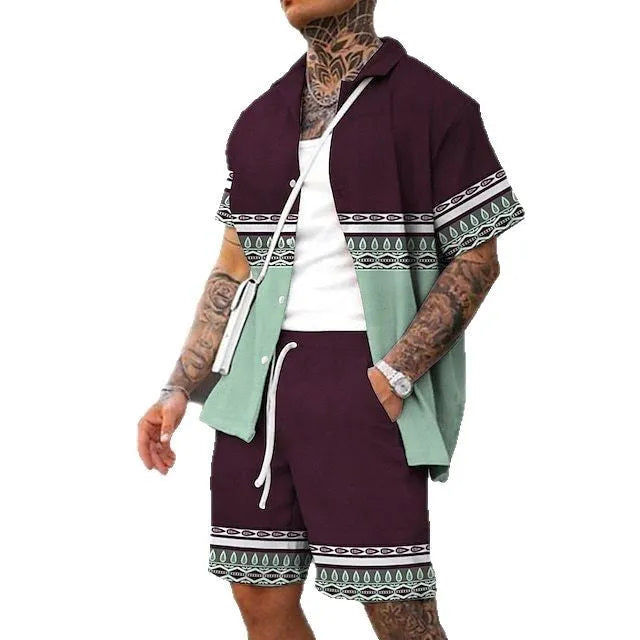 Wild printed men's short sleeve shirt and matching shorts set for summer casual wear, multiple sizes S to 4XL