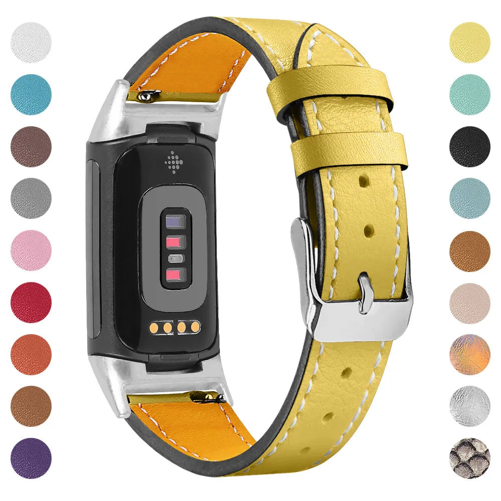 Genuine cowhide leather strap for Fitbit Charge 5 and Charge 6 smartwatches in multiple colours.