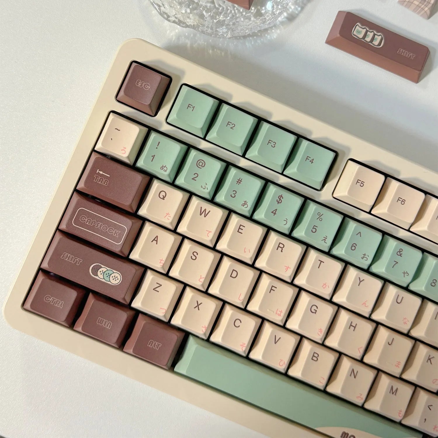 Matcha green mechanical keyboard keycap set with sublimation printing, shown with a key puller tool.