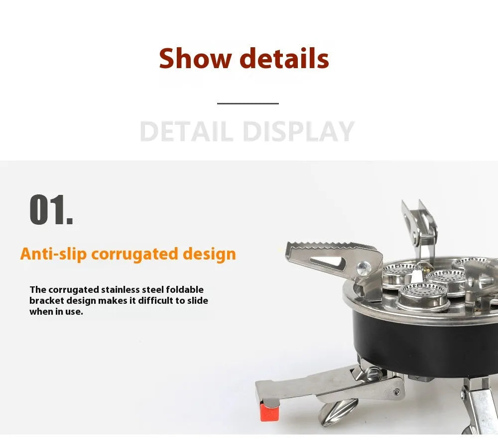 Silver foldable stainless steel split camping stove with extended fuel hose, shown unfolded.