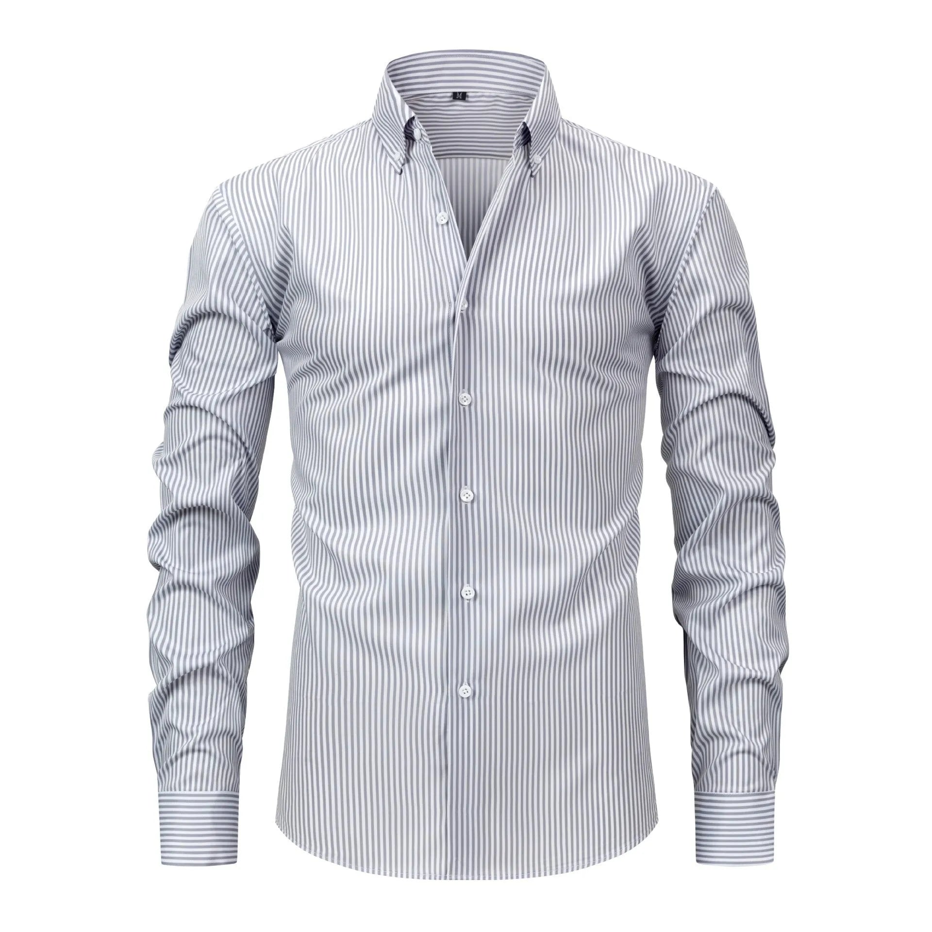 Man wearing striped long-sleeved business shirt with lapel collar in non-ironing fabric