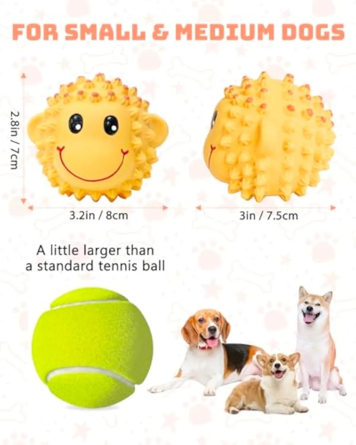 Orange and yellow spiky latex dog toys shaped like lamb and monkey with teeth cleaning texture