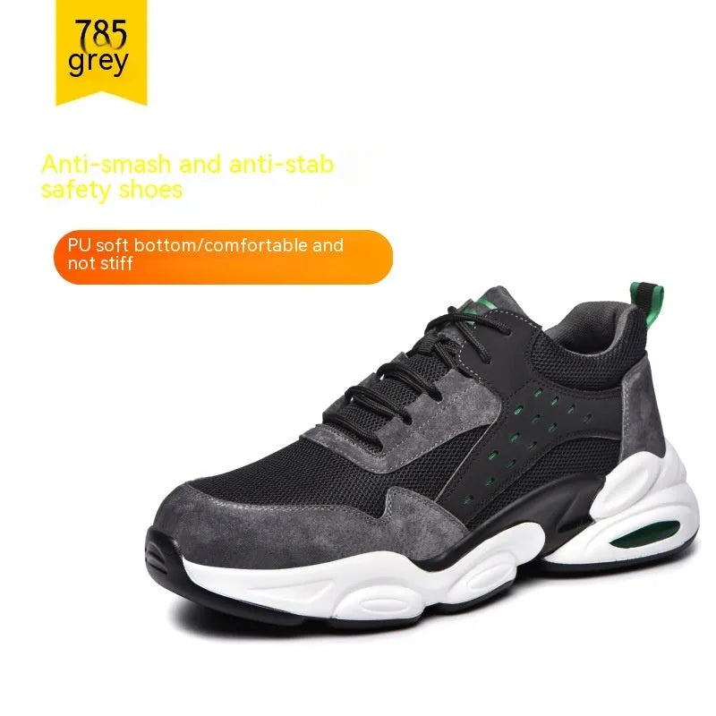 Mesh breathable black labour insurance safety shoes with anti-smash anti-puncture features on grey background