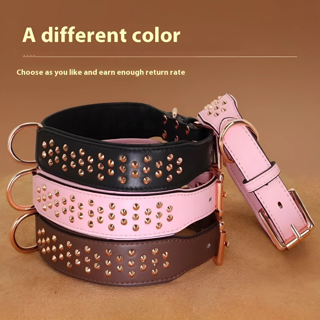 Leather dog collar with metal rivets, adjustable buckle, and D-ring in black, chocolate, or pink.