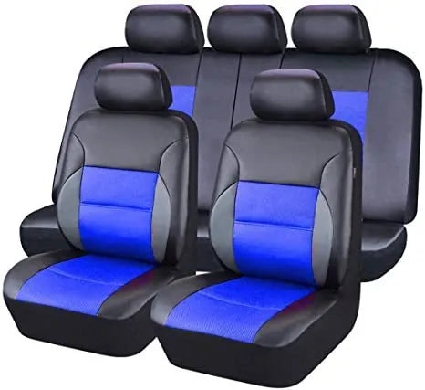 Artificial leather car seat cover set shown in vehicle with colour options and different set configurations
