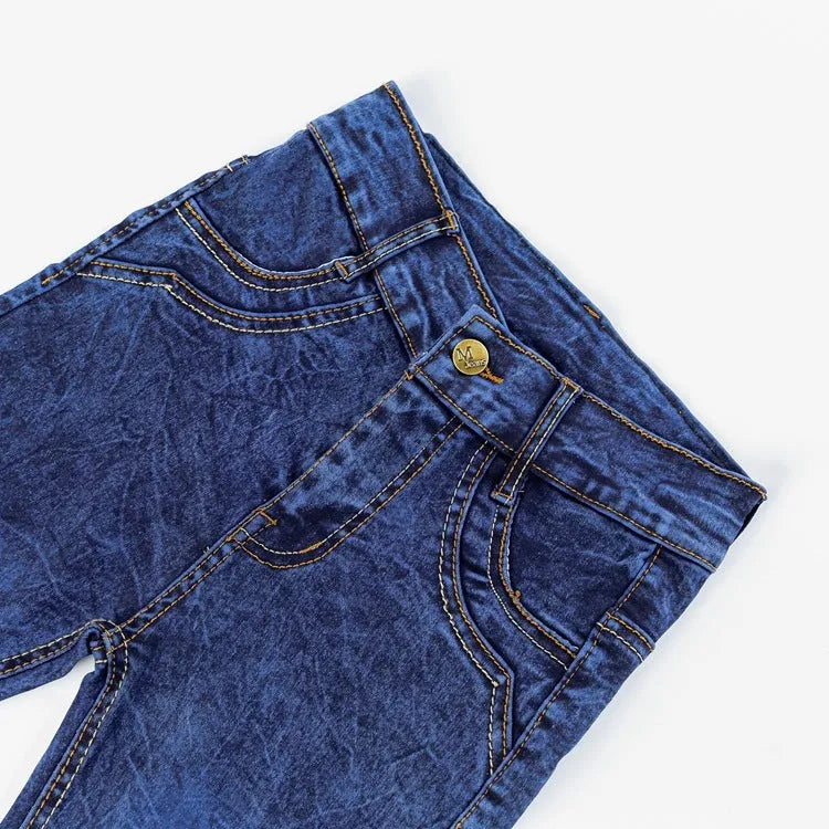 Boys' blue flat stretch slim long jeans on a child model