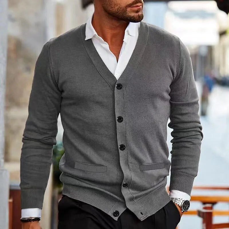 Men's slim fit acrylic cardigan sweater coat in dark gray colour showing long sleeve design