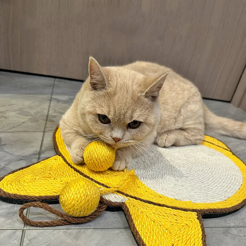 Yellow Corgi butt-design sisal cat scratching pad with anti-slip base and adhesive hooks.
