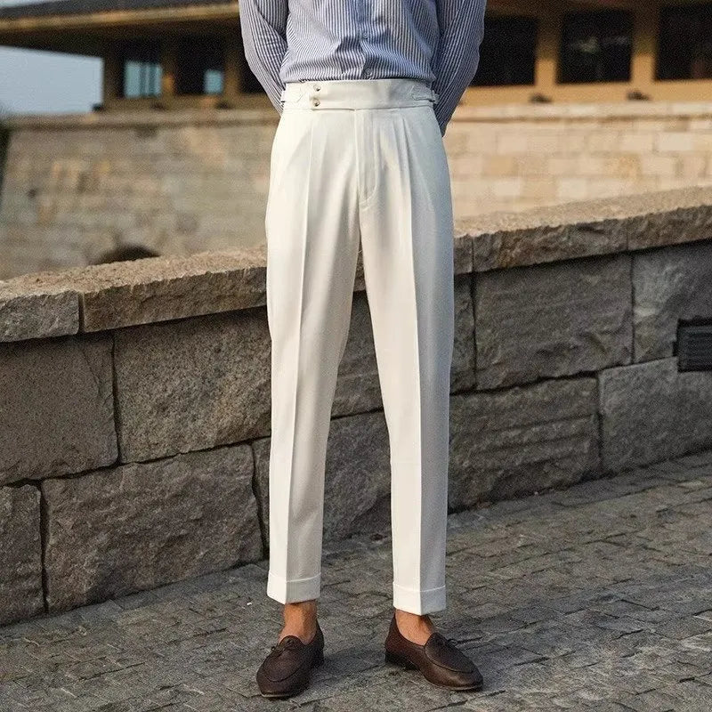 Men's slim fit straight-leg suit trousers in black, white, and apricot colours.