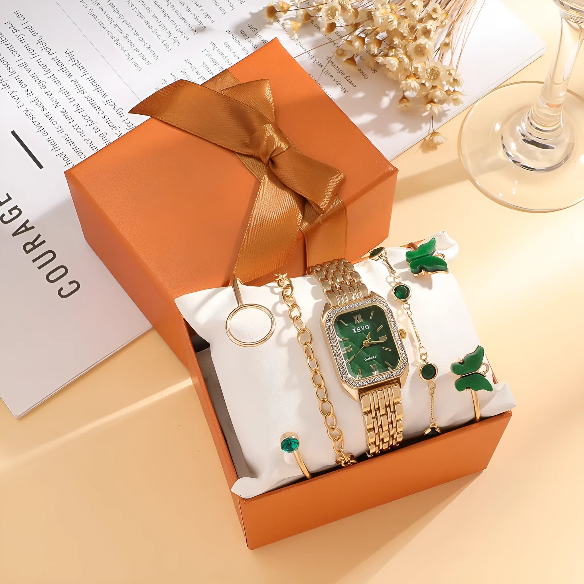 Gold green square women's watch with four matching bracelets in 5-piece jewellery gift set