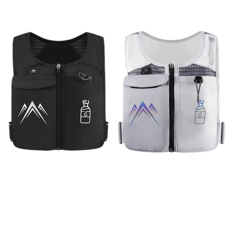 Classic black sports running vest with breathable mesh fabric and a front mobile phone pocket.