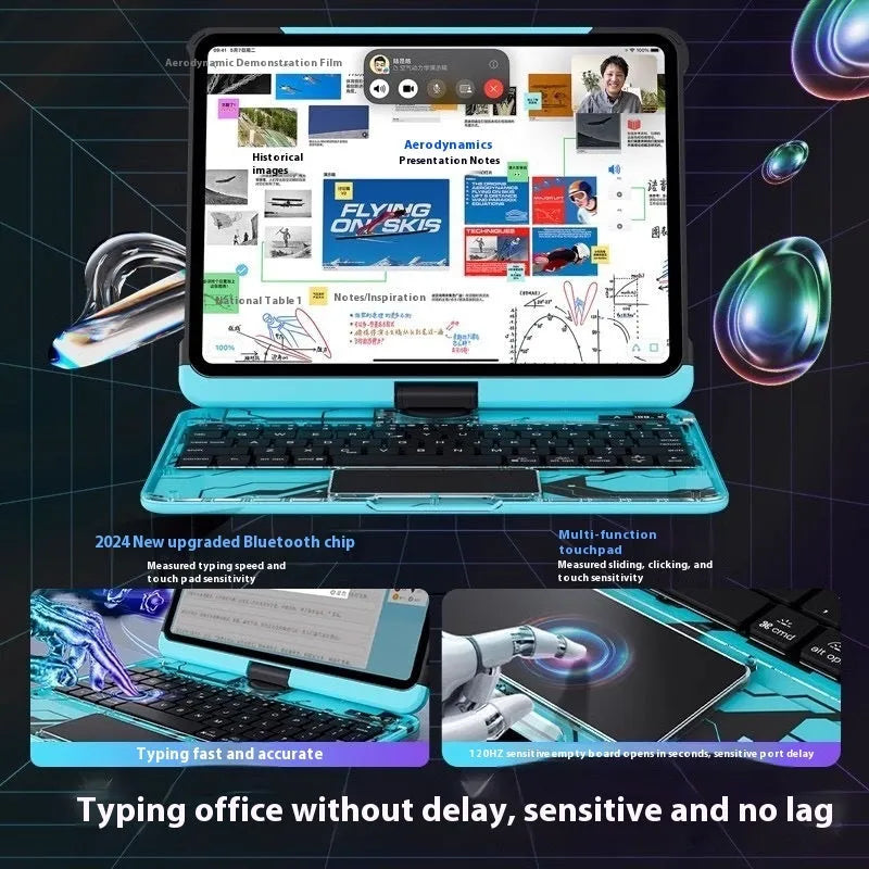 Blue iPad Pro 13 protective case with Miaocontrol Keyboard, showing PC shell construction.