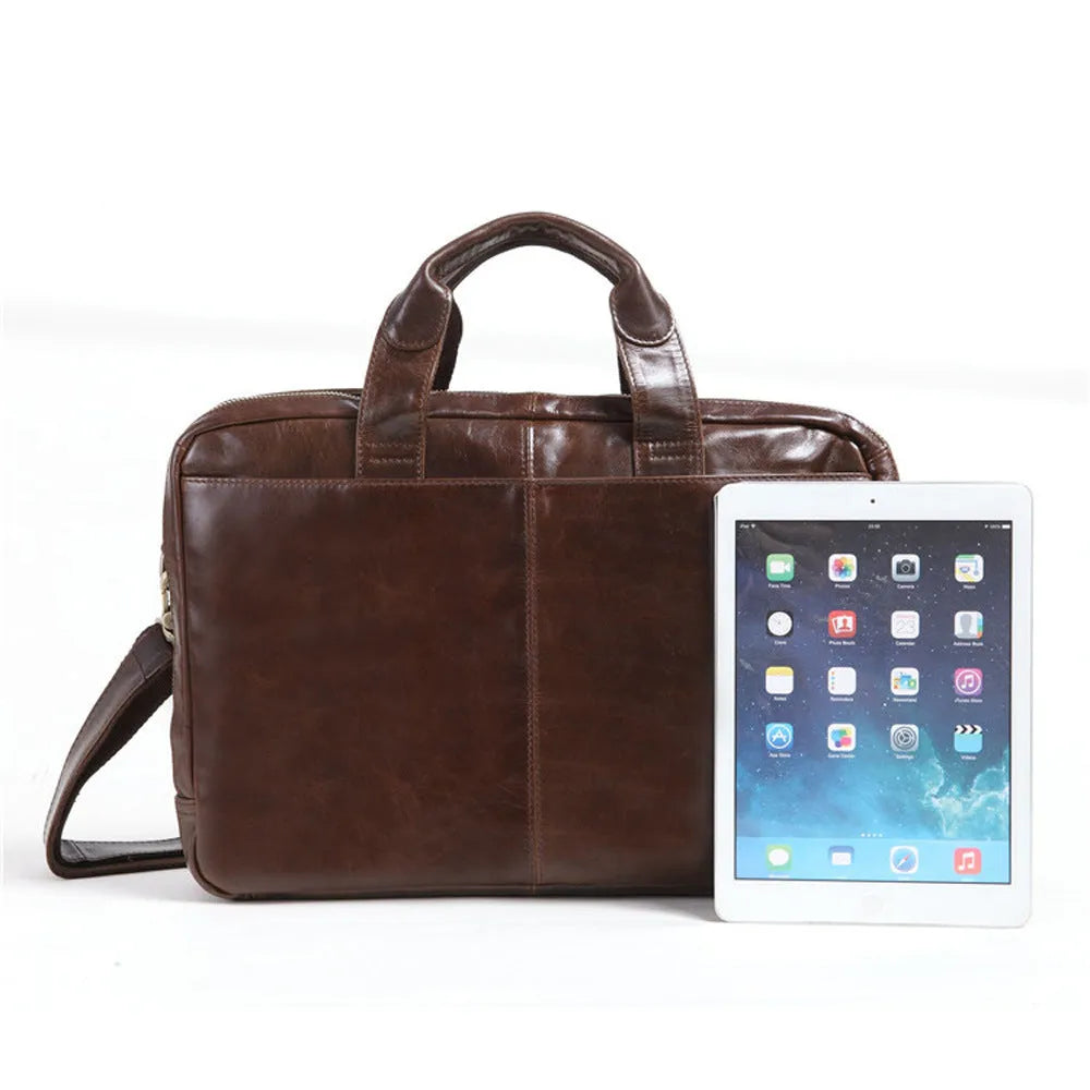 Brown 18 inch men's leather business briefcase open to show polyester cotton lining