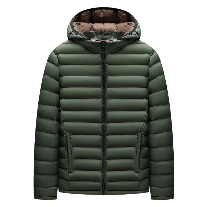 Men's lightweight hooded down jacket in army green with detachable collar and zipper pockets