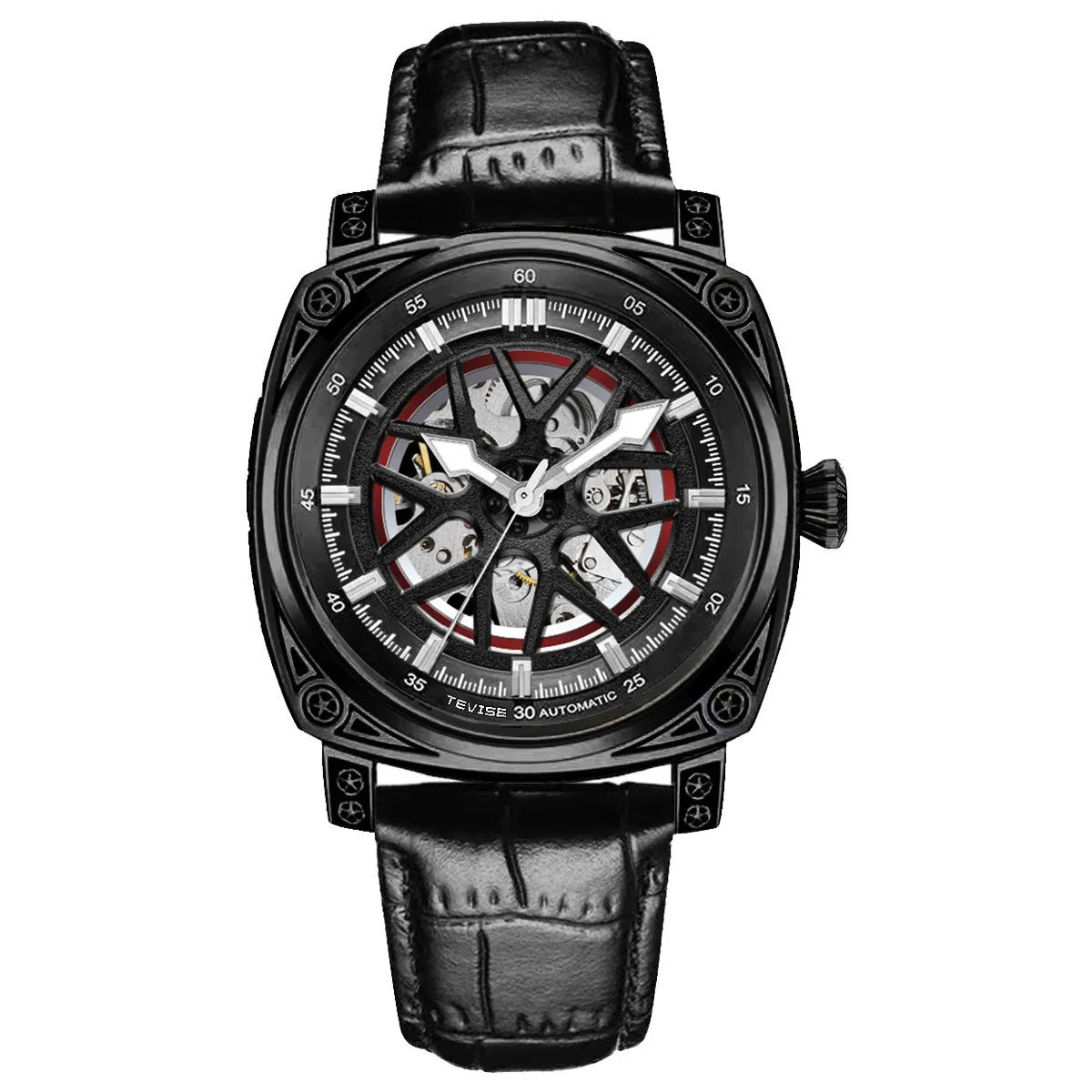 Automatic mechanical men's watch with stainless steel case and leather strap in multiple colour options