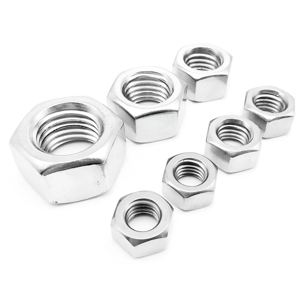 304 stainless steel thickened hex nut assortment from M6 to M56 metric sizes on grey background