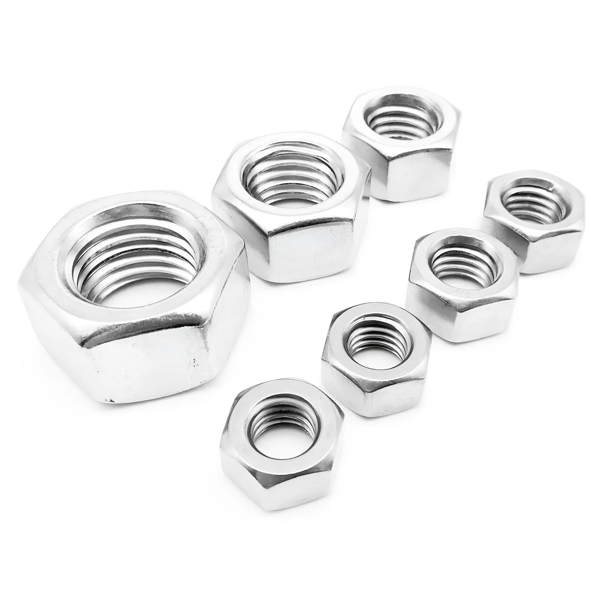 304 stainless steel thickened hex nut assortment from M6 to M56 metric sizes on grey background