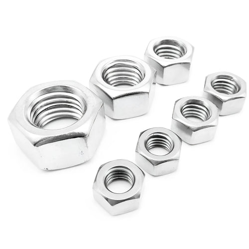 304 stainless steel thickened hex nut assortment from M6 to M56 metric sizes on grey background