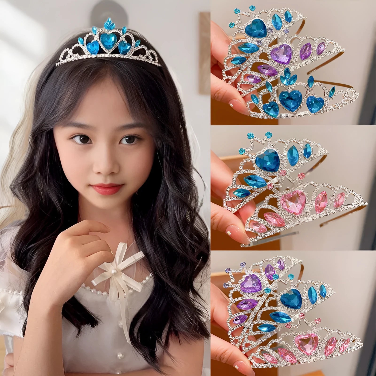 Children's electroplated alloy metal headband with crown shape and crystal decoration in pink, blue, or purple.