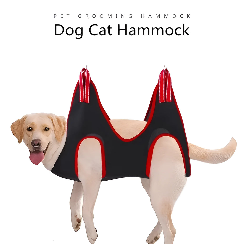 A pet grooming hammock restraint bag suspending a small dog, showing access points for paws during nail trimming.