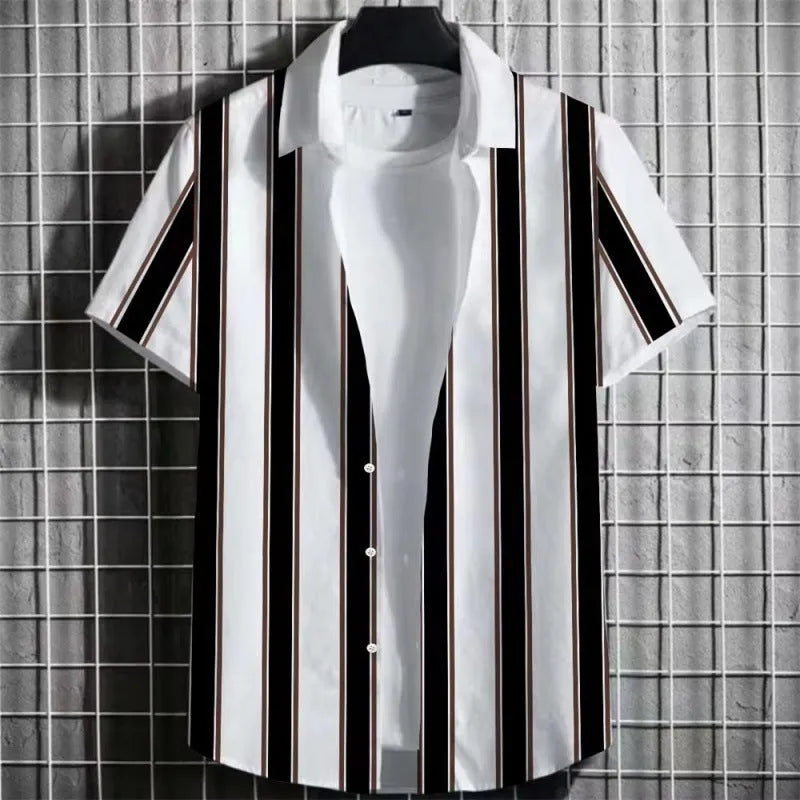 Man wearing a linen short sleeve t-shirt with a 3D printed colour simple striped pattern.