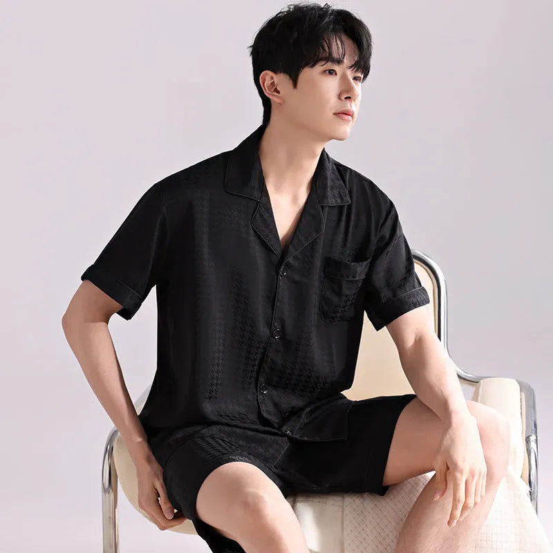 Men's lightweight ice silk pajama set in cardigan style with shorts and satin jacquard patterns