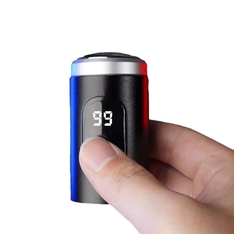 Black portable rechargeable shaver with USB cable, cleaning brush, and protective cover