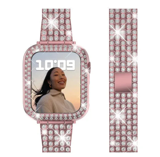 Double diamond glass Apple Watch case in rose pink, showing screen protection for a smartwatch.