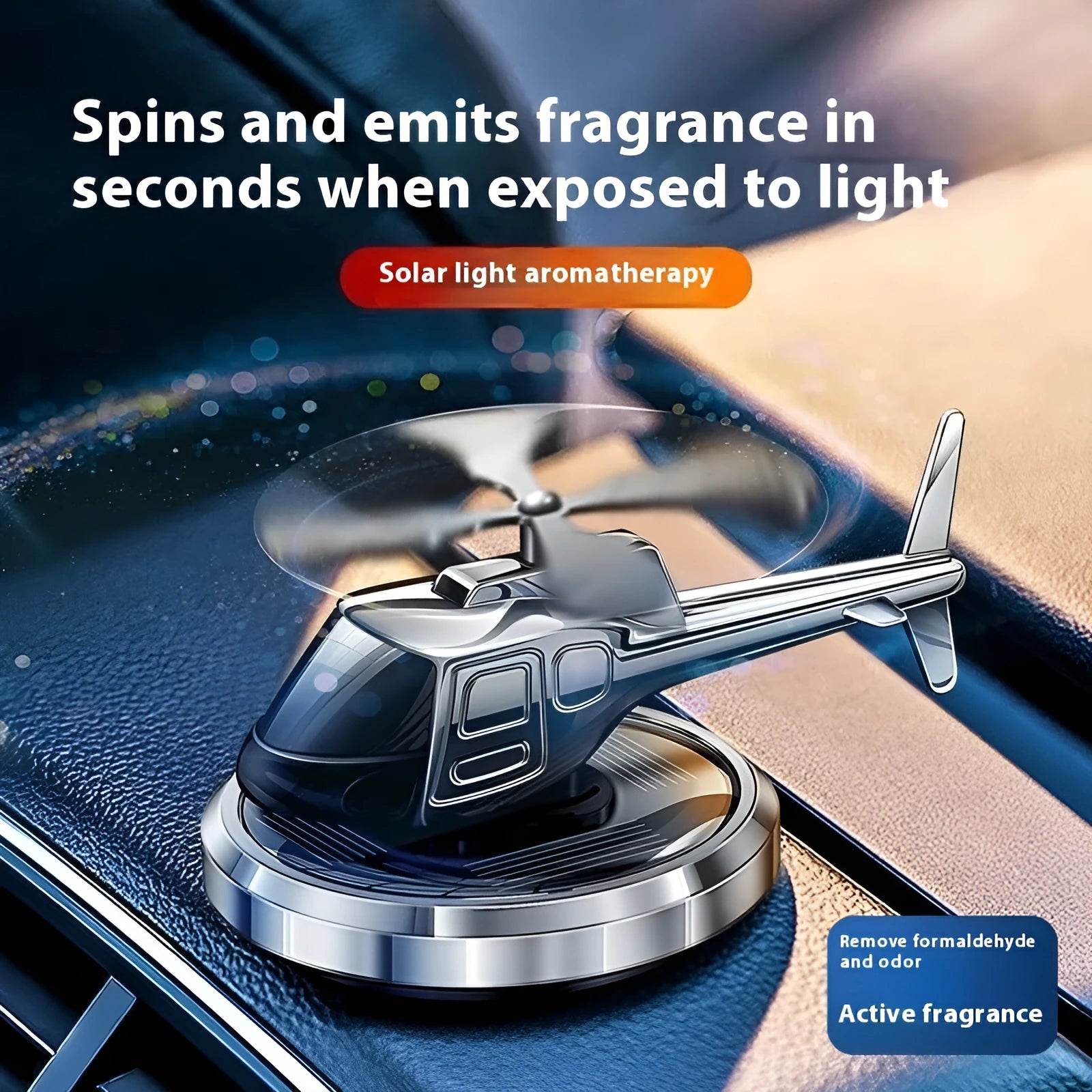 Metal solar-powered rotating helicopter car perfume decoration in three colour options