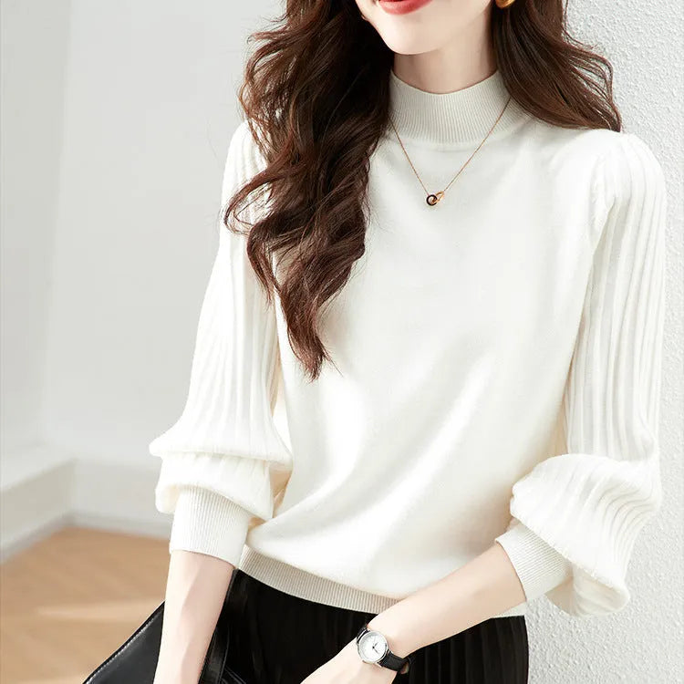 Slim fit half turtleneck shirt with sunken stripe pattern in apricot colour