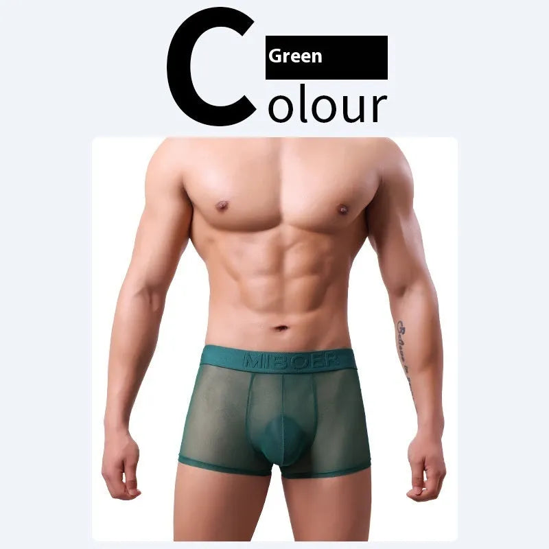 Men's thin invisible boxers in quick-drying polyester fabric, shown in multiple colour options.