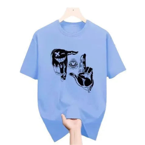 Men's cartoon print t-shirt in bird eye cloth showing round neck and short sleeve design