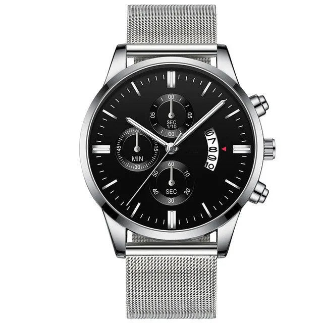Men's stainless steel mesh band quartz watch showing analogue dial and choice of colour finishes.