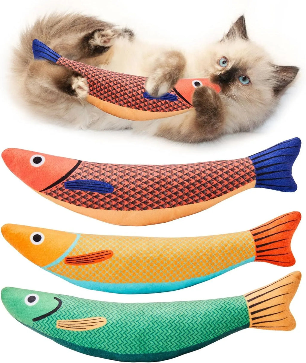 Soft plush fish-shaped cat toy with organic catnip filling in green, orange, or yellow colours