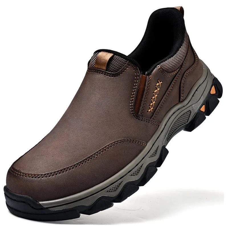 Men's casual leather-style shoes with rubber soles in black, brown and grey colours