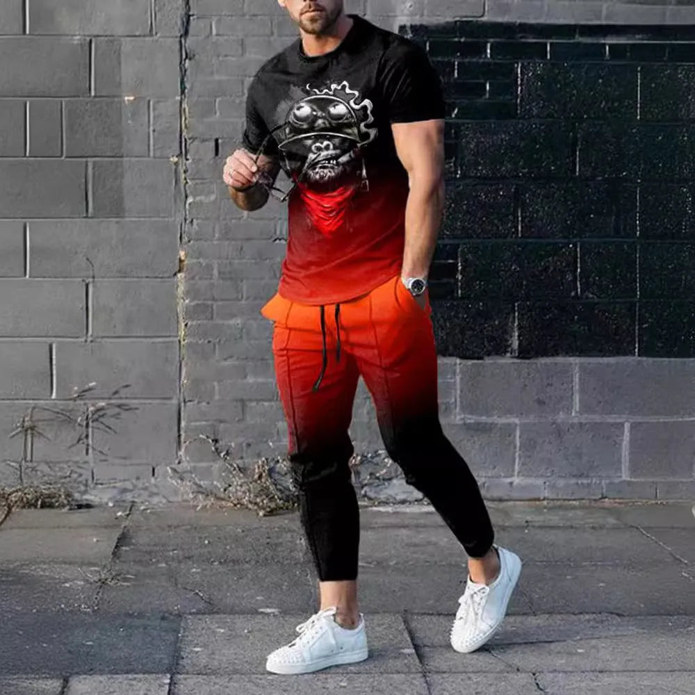 Men's short sleeve round neck T-shirt and matching trousers set in a light grey colour.