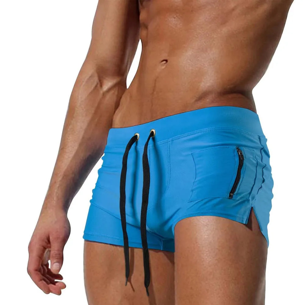 Men's black high waist swimming trunks with lace-up front closure, polyester fabric with spandex lining