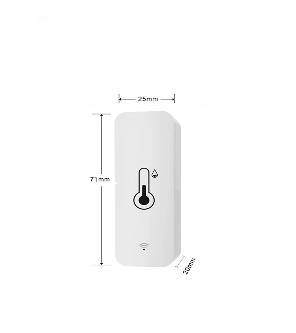 White WiFi temperature and humidity sensor with compact rectangular ABS housing measuring 72mm
