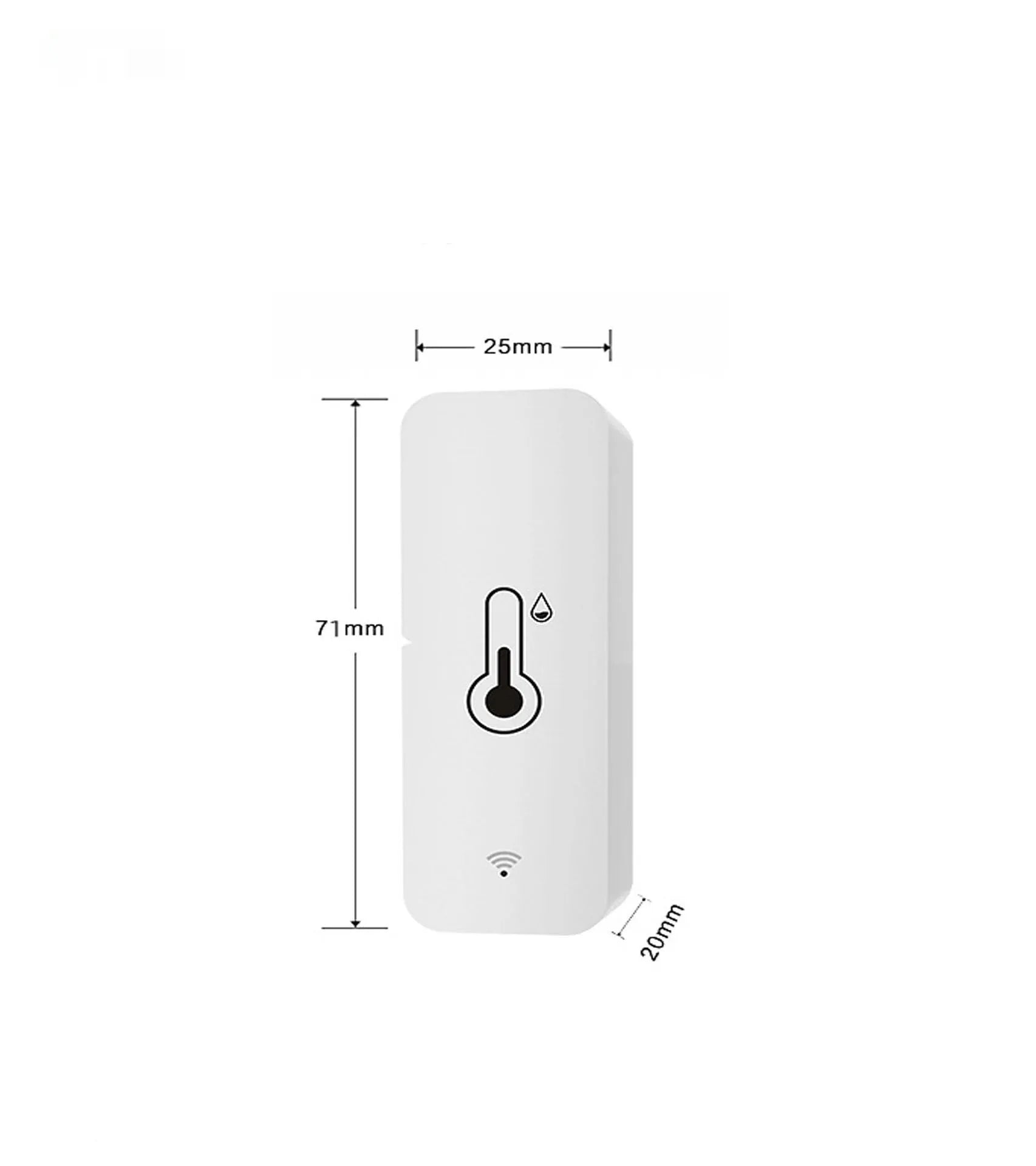 White WiFi temperature and humidity sensor with compact rectangular ABS housing measuring 72mm