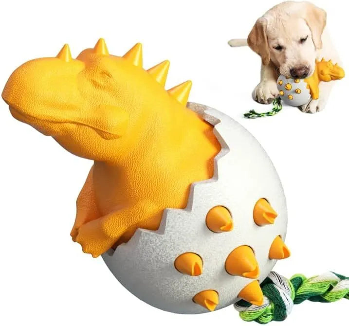 Blue durable dinosaur-shaped dog chew toy with rope for aggressive chewers
