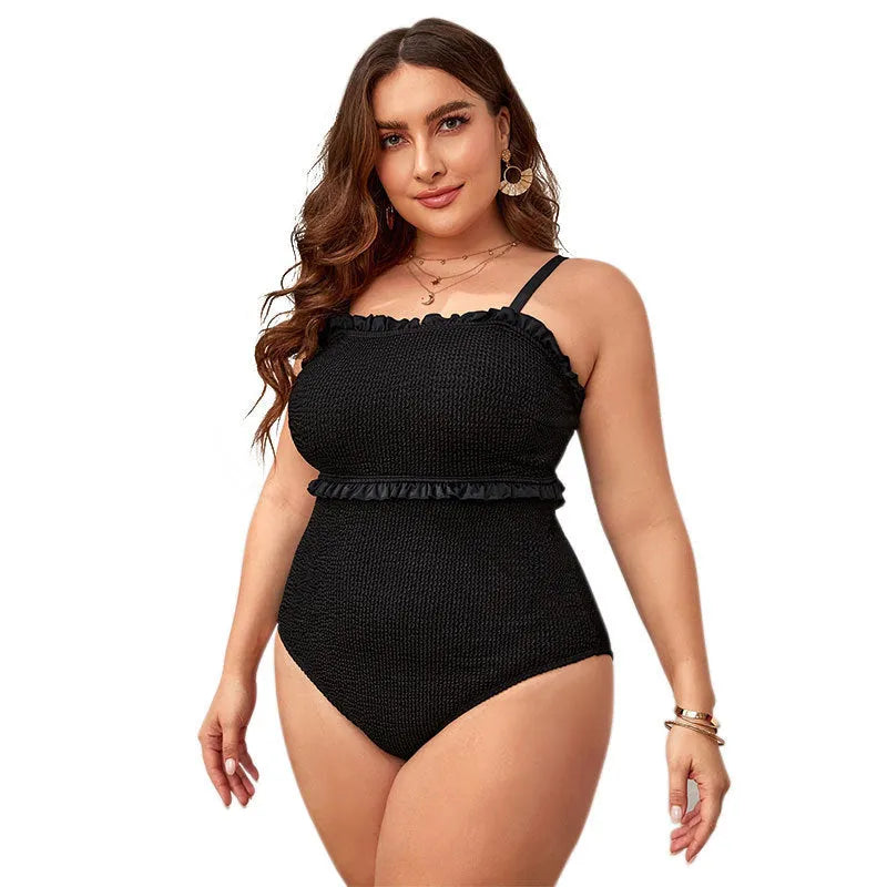Black solid colour plus-size women's bikini triangle swimsuit made of nylon