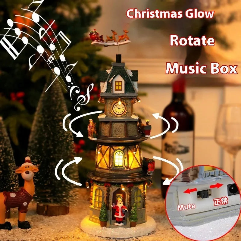 Christmas resin luminous rotating music box decoration 32cm bell tower design