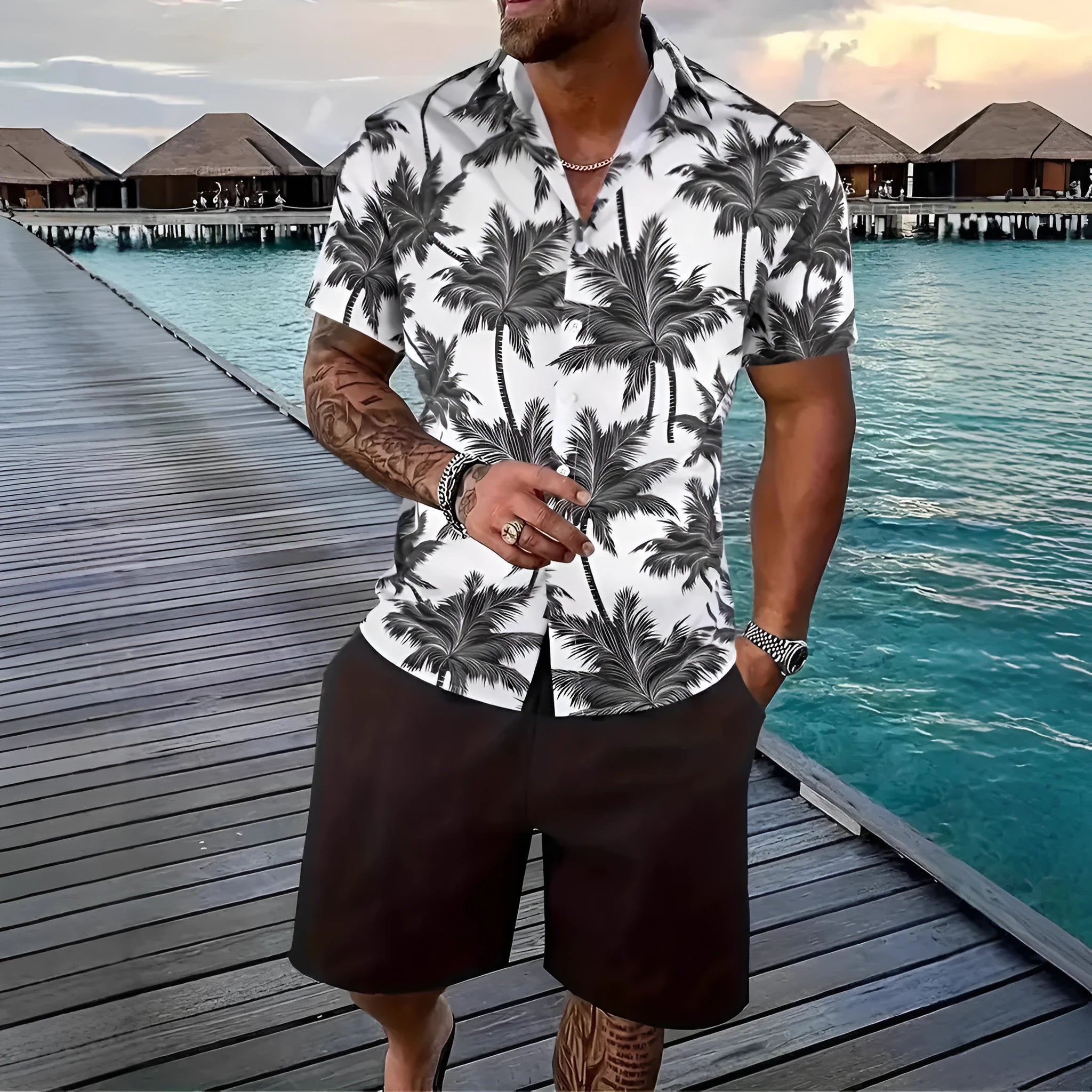 Men's 3D printed Hawaiian style short sleeve top and matching shorts summer suit