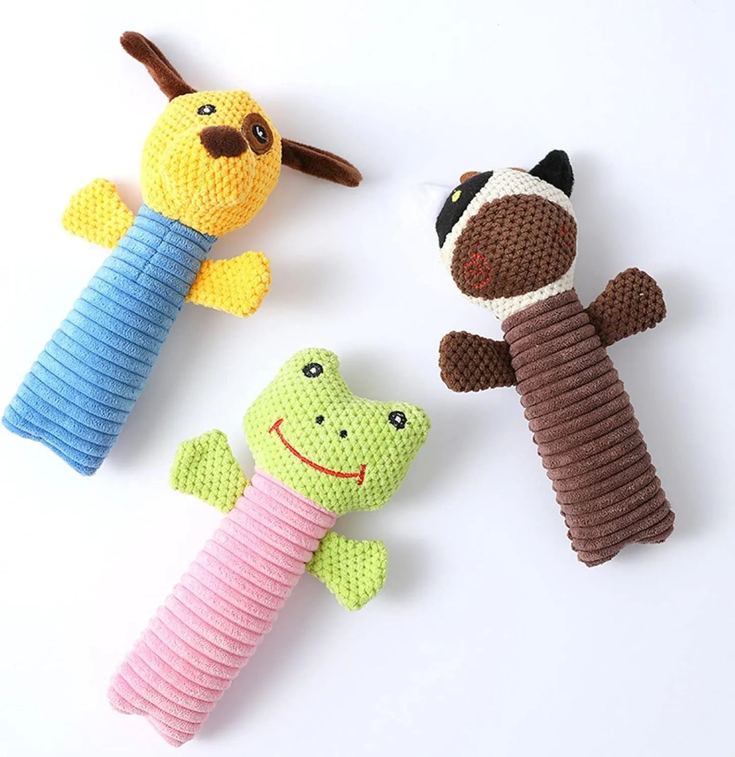 Squeaky stuffed dog toy in calf, frog, or puppy shape measuring 19x5cm