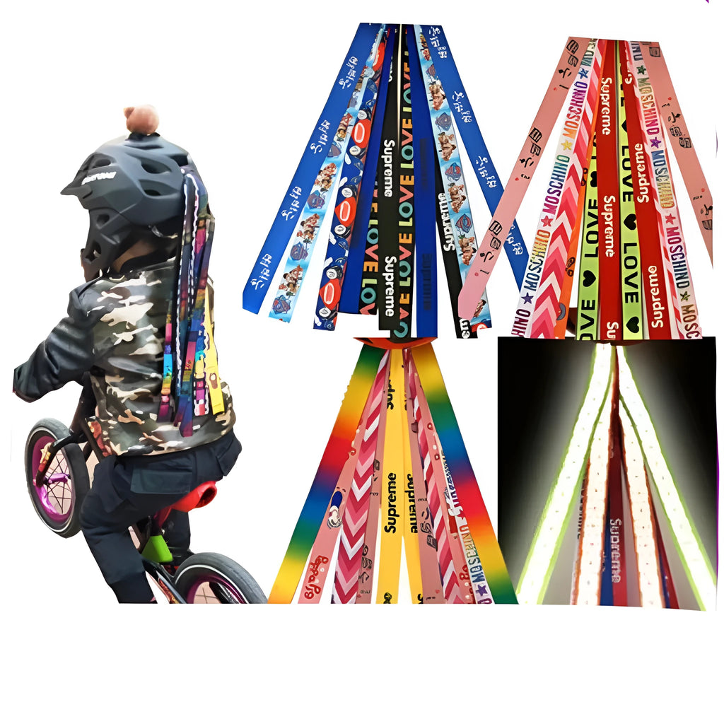 Colourful fabric helmet streamers for children's roller skating and ski helmets, shown in apricot, red, and grey.