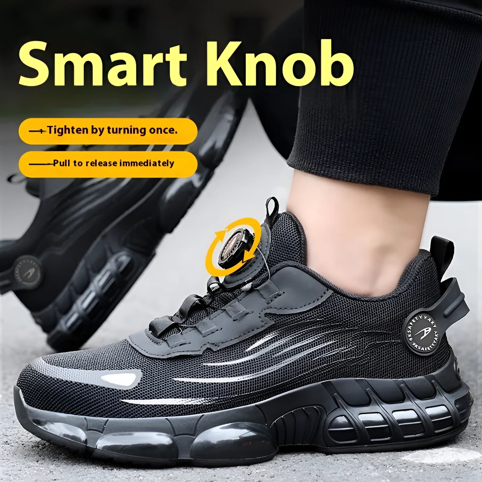 Anti-smash anti-puncture TPU Flyknit mesh work shoes in black and grey, Knob series safety footwear